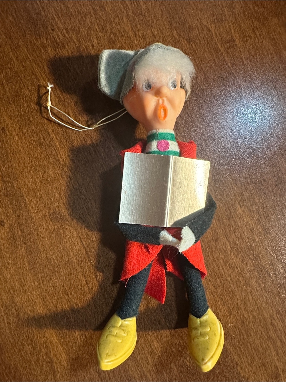 Vintage Pixie Elf Christmas Felt Ornament Caroler Rubber Face